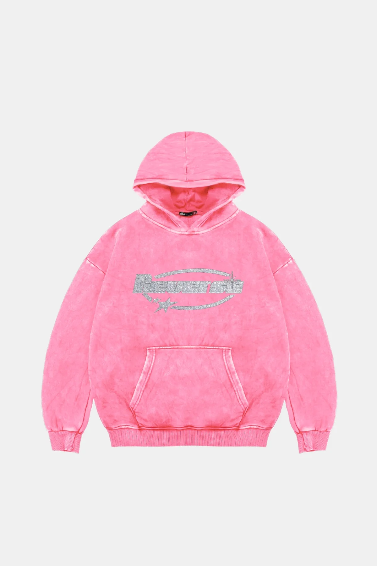 Reverse Taş Baskılı Oversize Unisex Yıkamalı Pembe Hoodie