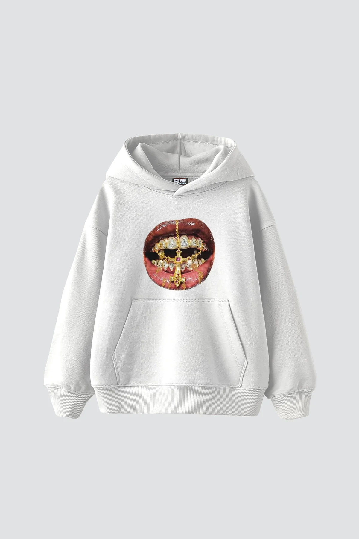 Rhinestone Teeth Baskılı Oversize Unisex Beyaz Hoodie