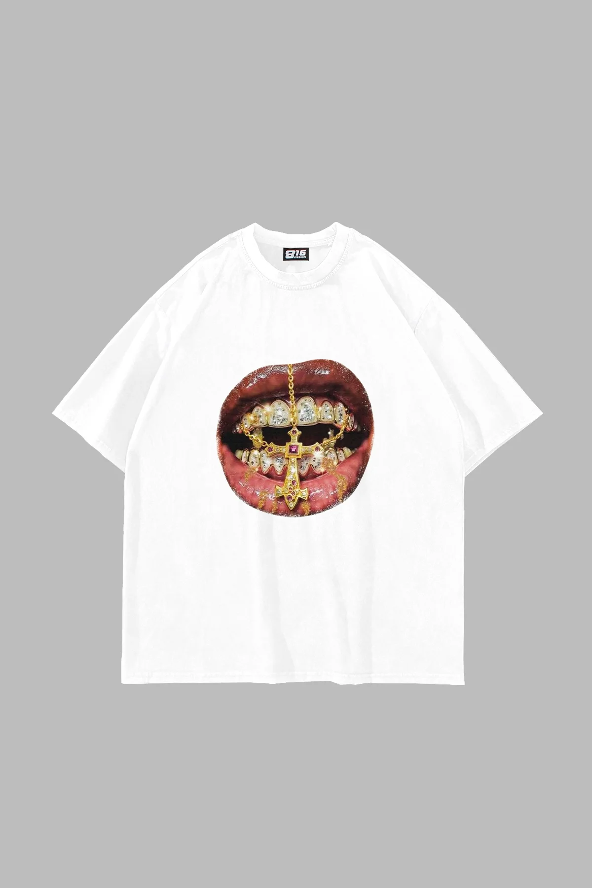 Rhinestone Teeth Baskılı Oversize Unisex Beyaz Tshirt