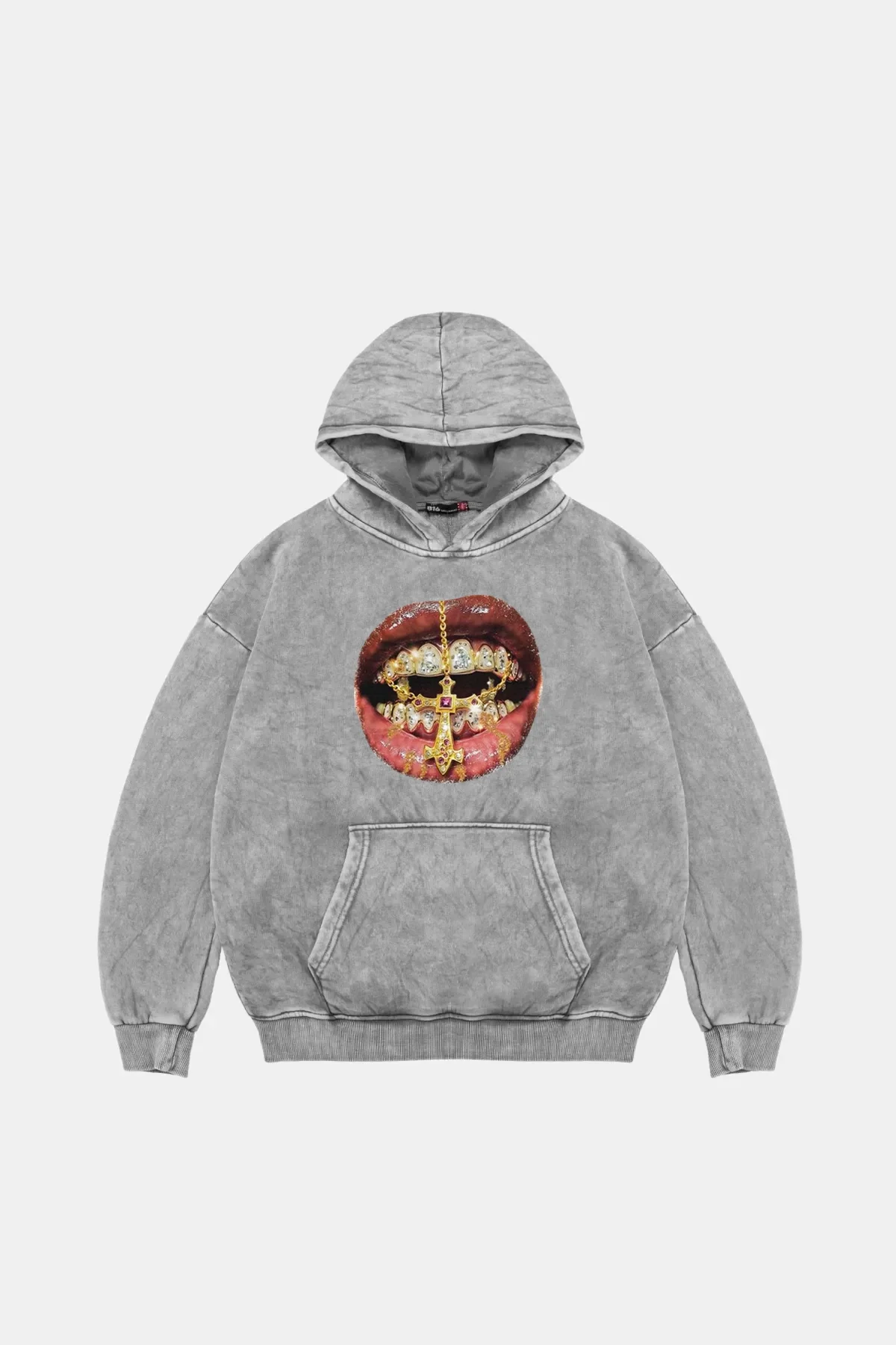 Rhinestone Teeth Baskılı Oversize Unisex Yıkamalı Beyaz Hoodie