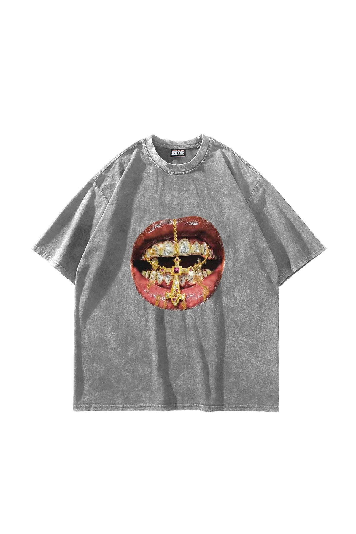 Rhinestone Teeth Baskılı Oversize Unisex Yıkamalı Beyaz Tshirt