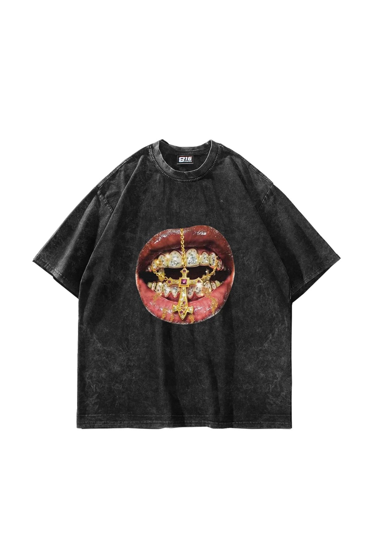Rhinestone Teeth Baskılı Oversize Unisex Yıkamalı Siyah Tshirt