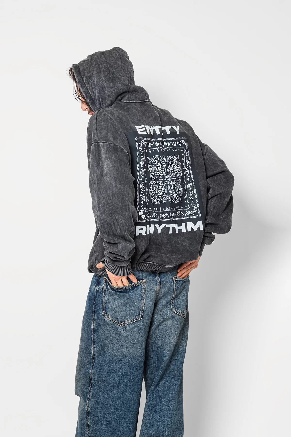 Rhythm Bandana Baskılı Oversize Unisex Yıkamalı Siyah Hoodie