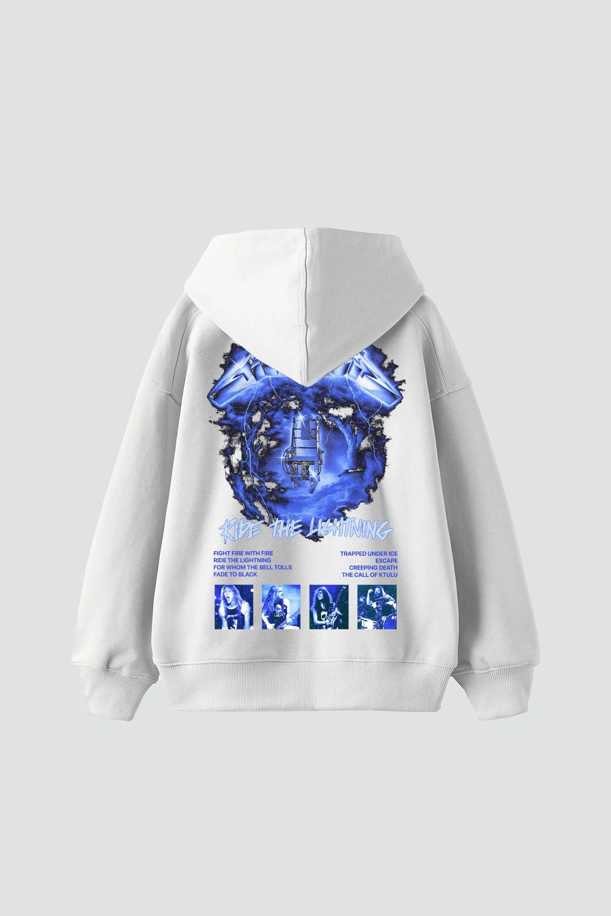 Ride The Lightning Baskılı Oversize Unisex Beyaz Hoodie