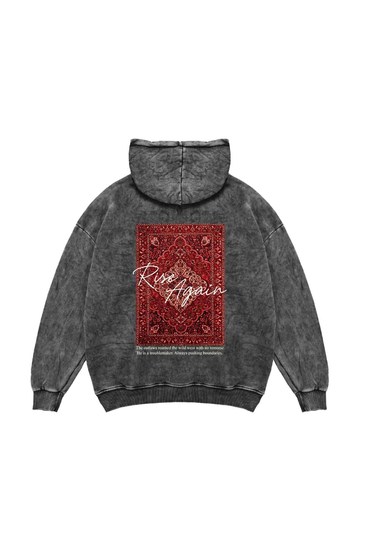 Rise Again Baskılı Oversize Unisex Premium Siyah Yıkamalı Hoodie