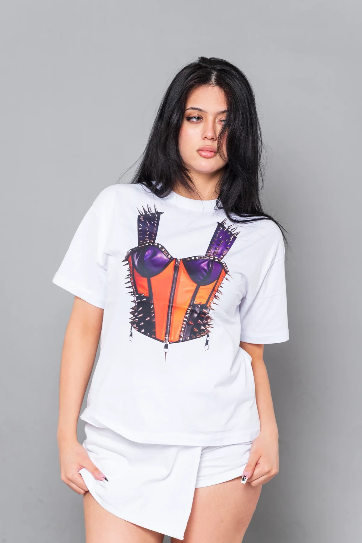 Risk Corset Baskılı Relaxed Fit Beyaz Kadın Tshirt