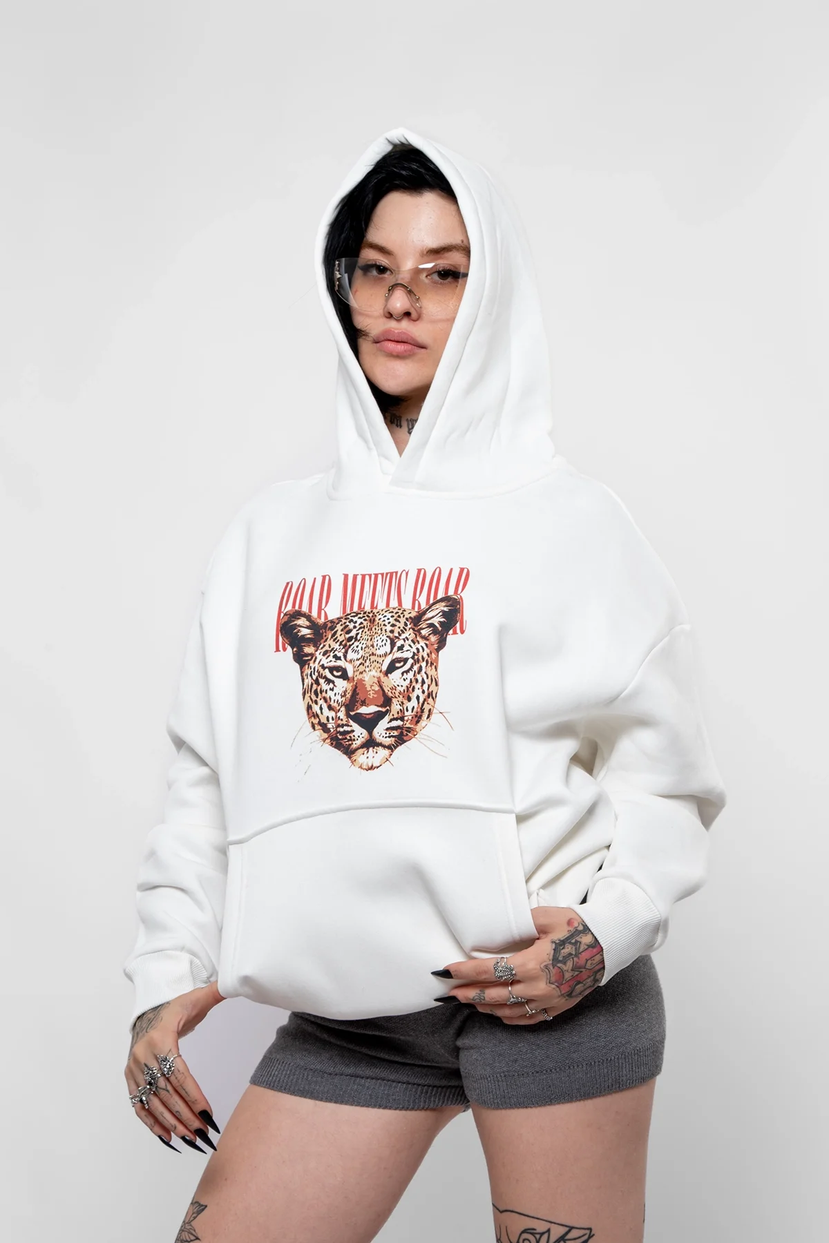 Roar Meets Baskılı Oversize Unisex Beyaz Hoodie