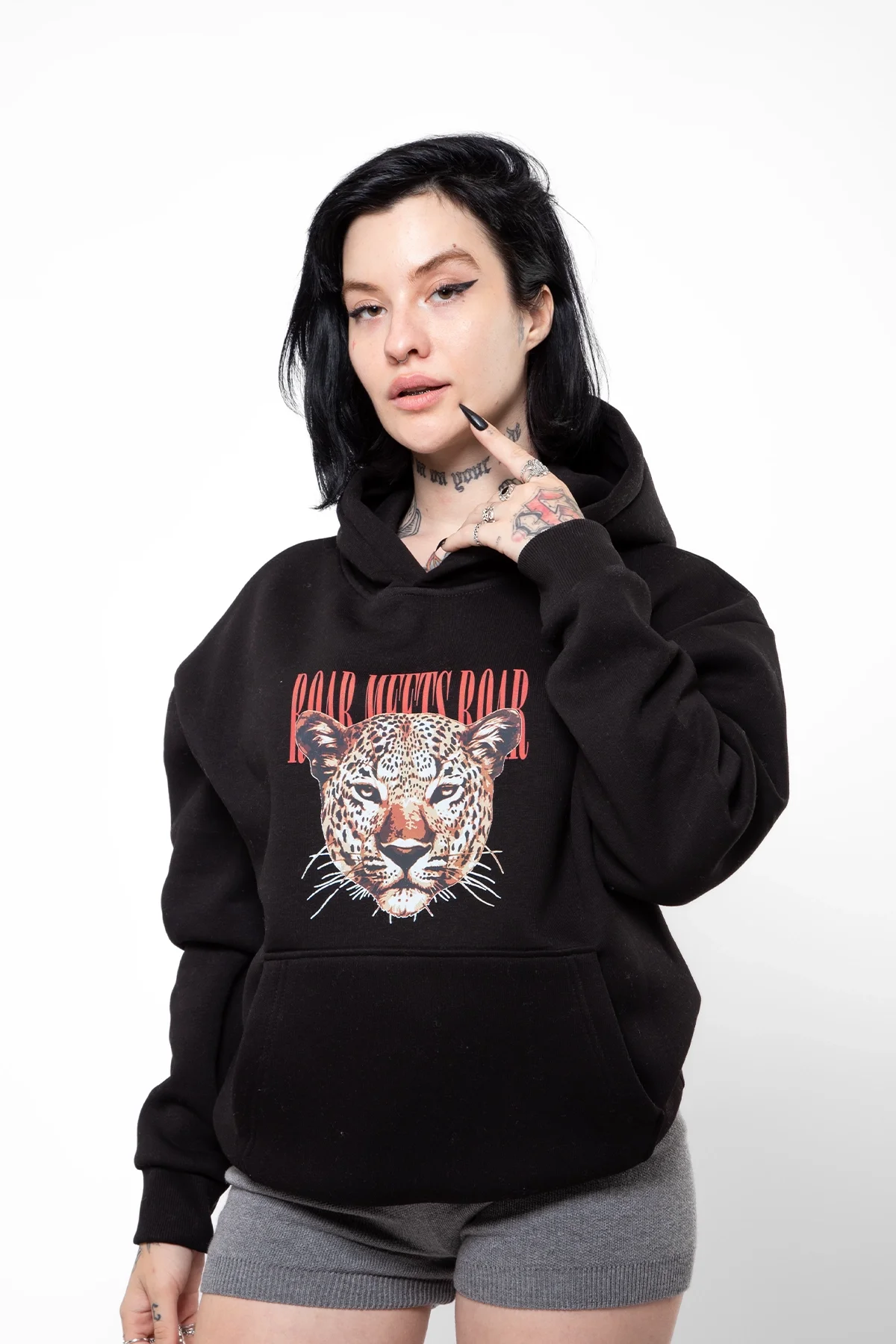 Roar Meets Baskılı Oversize Unisex Siyah Hoodie