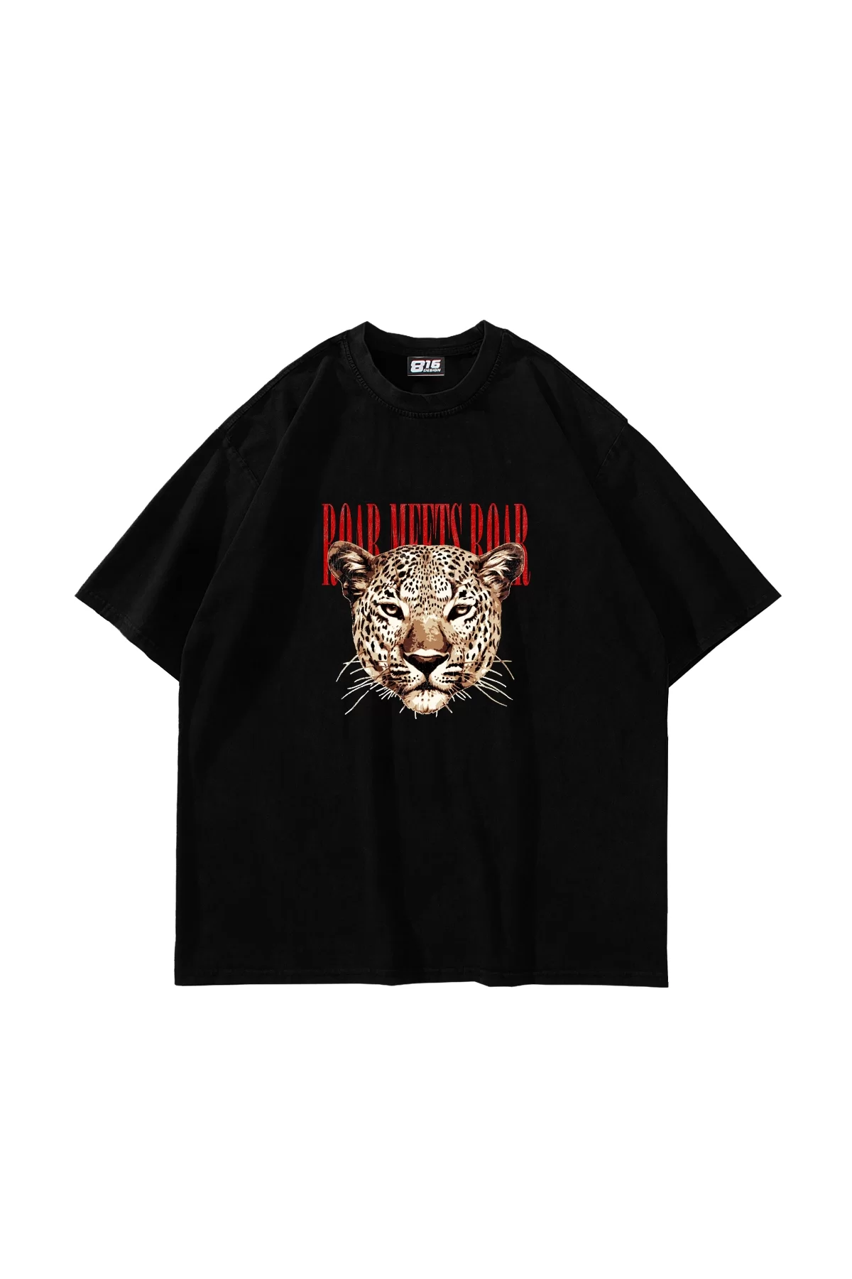 Roar Meets Baskılı Oversize Unisex Siyah Tshirt