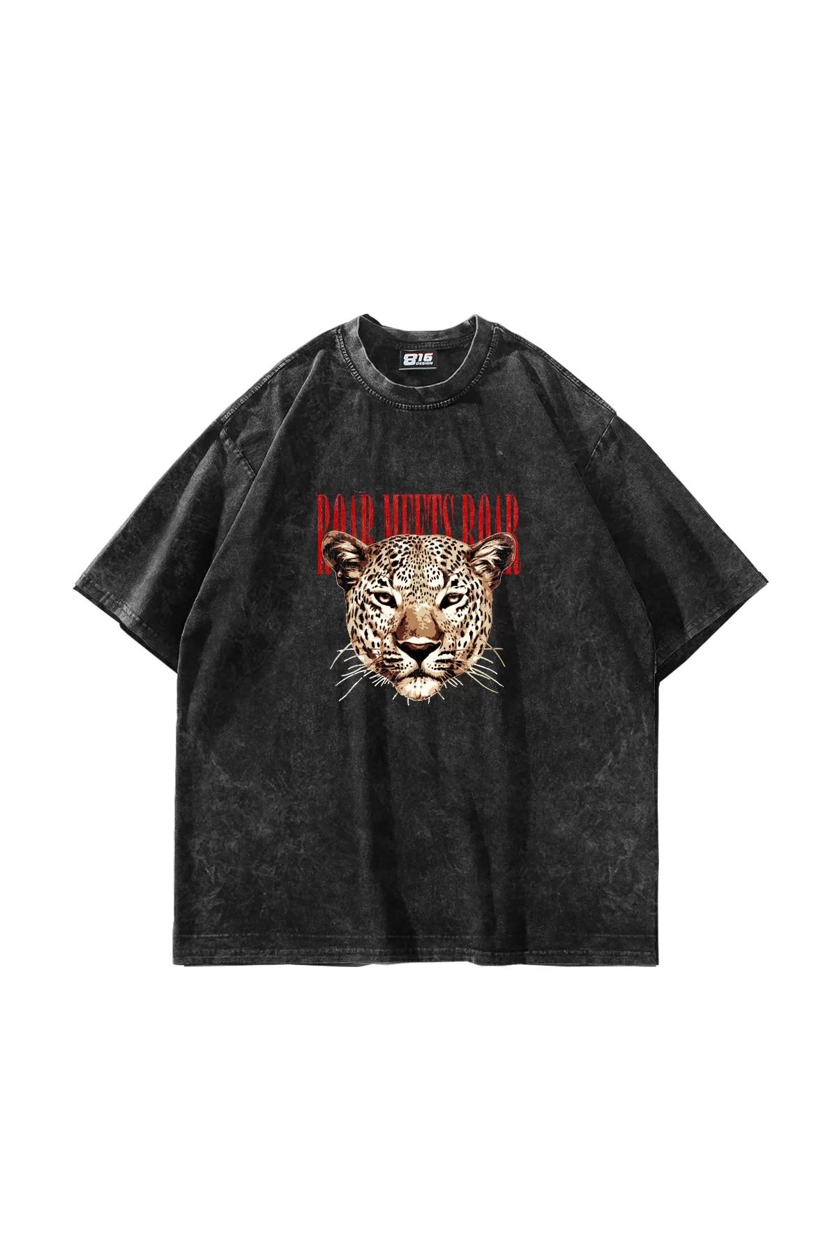 Roar Meets Baskılı Oversize Unisex Yıkamalı Siyah Tshirt