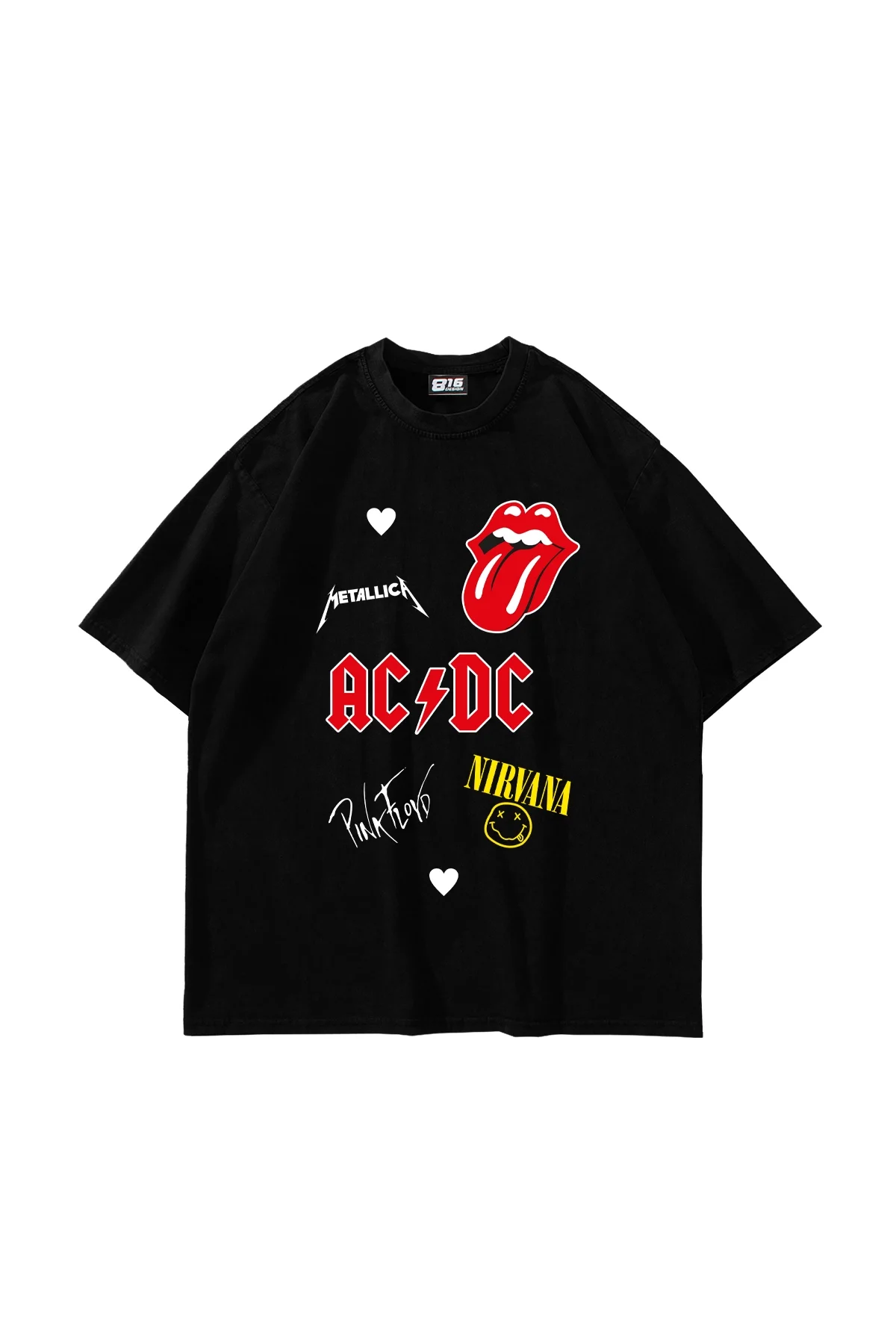 Rock N Roll Baskılı Oversize Unisex Siyah Tshirt