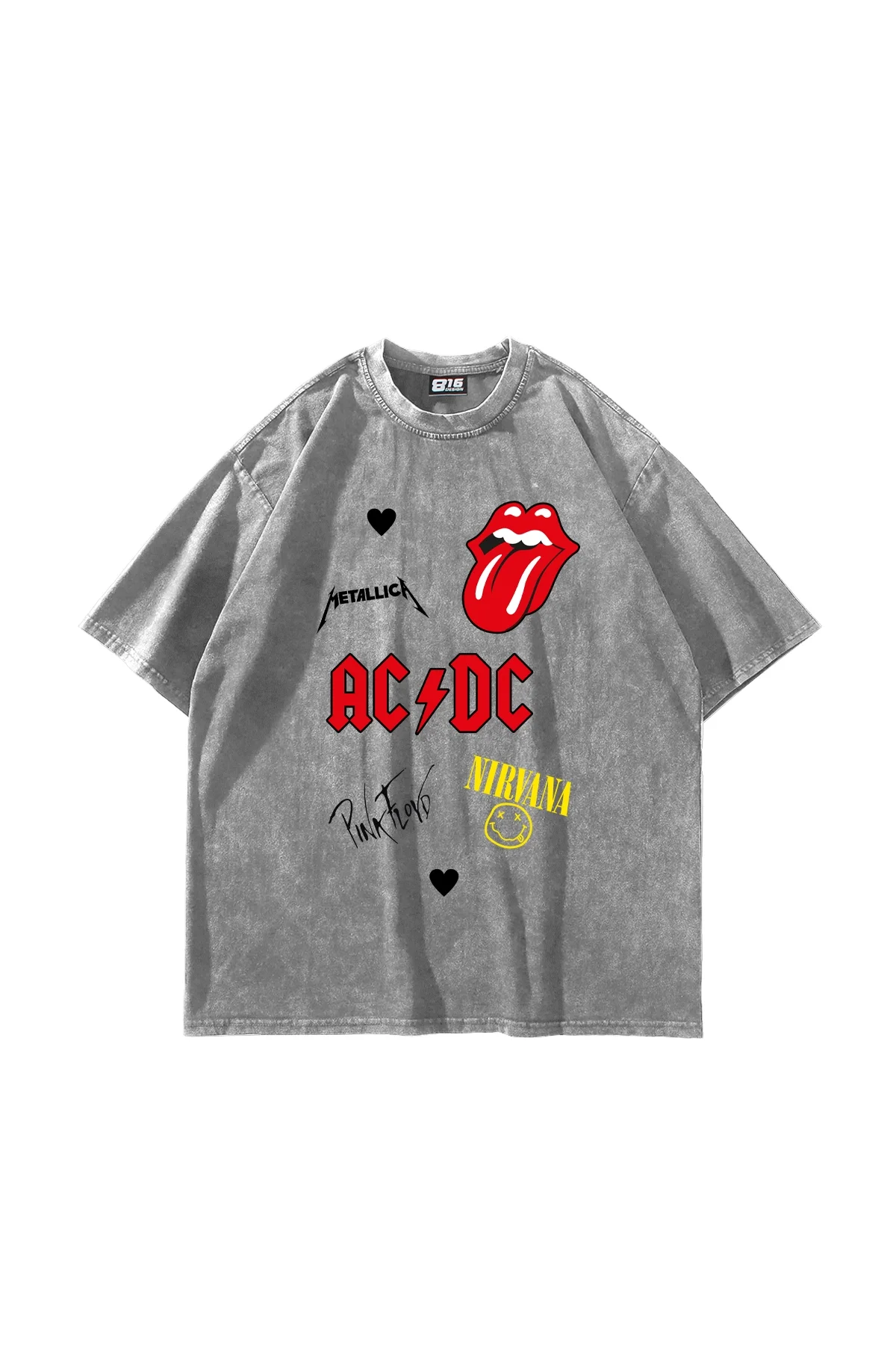Rock N Roll Baskılı Oversize Unisex Yıkamalı Beyaz Tshirt