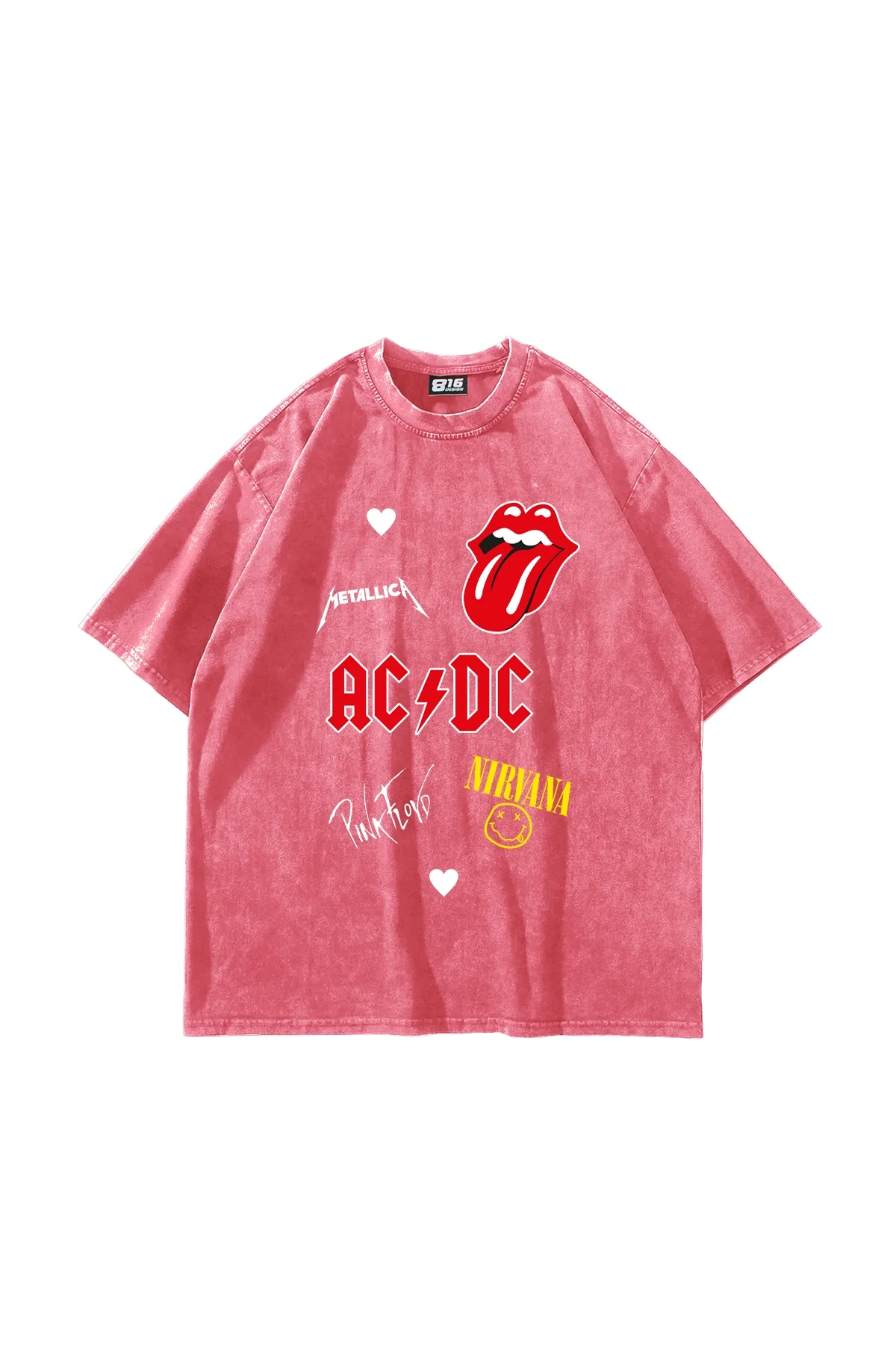Rock N Roll Baskılı Oversize Unisex Yıkamalı Pembe Tshirt