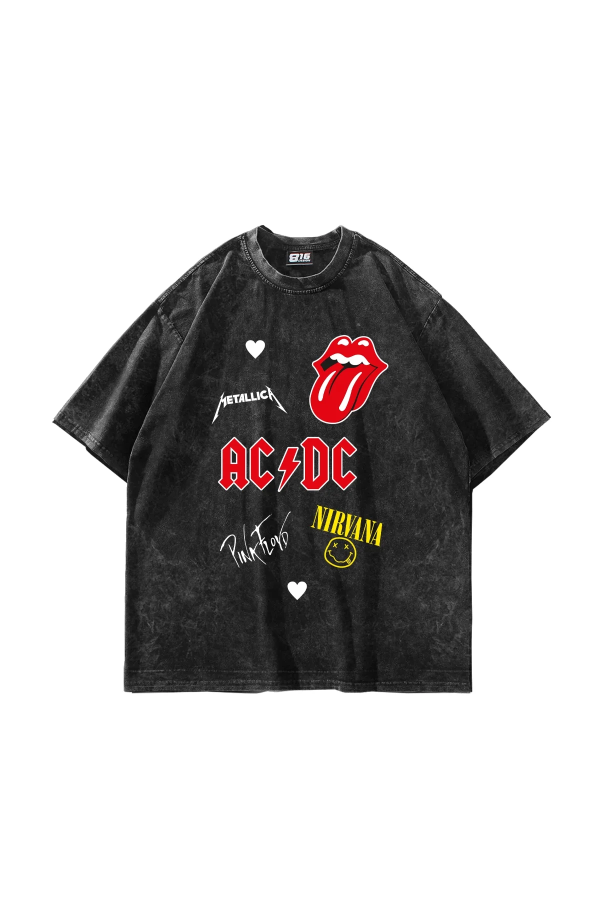 Rock N Roll Baskılı Oversize Unisex Yıkamalı Siyah Tshirt