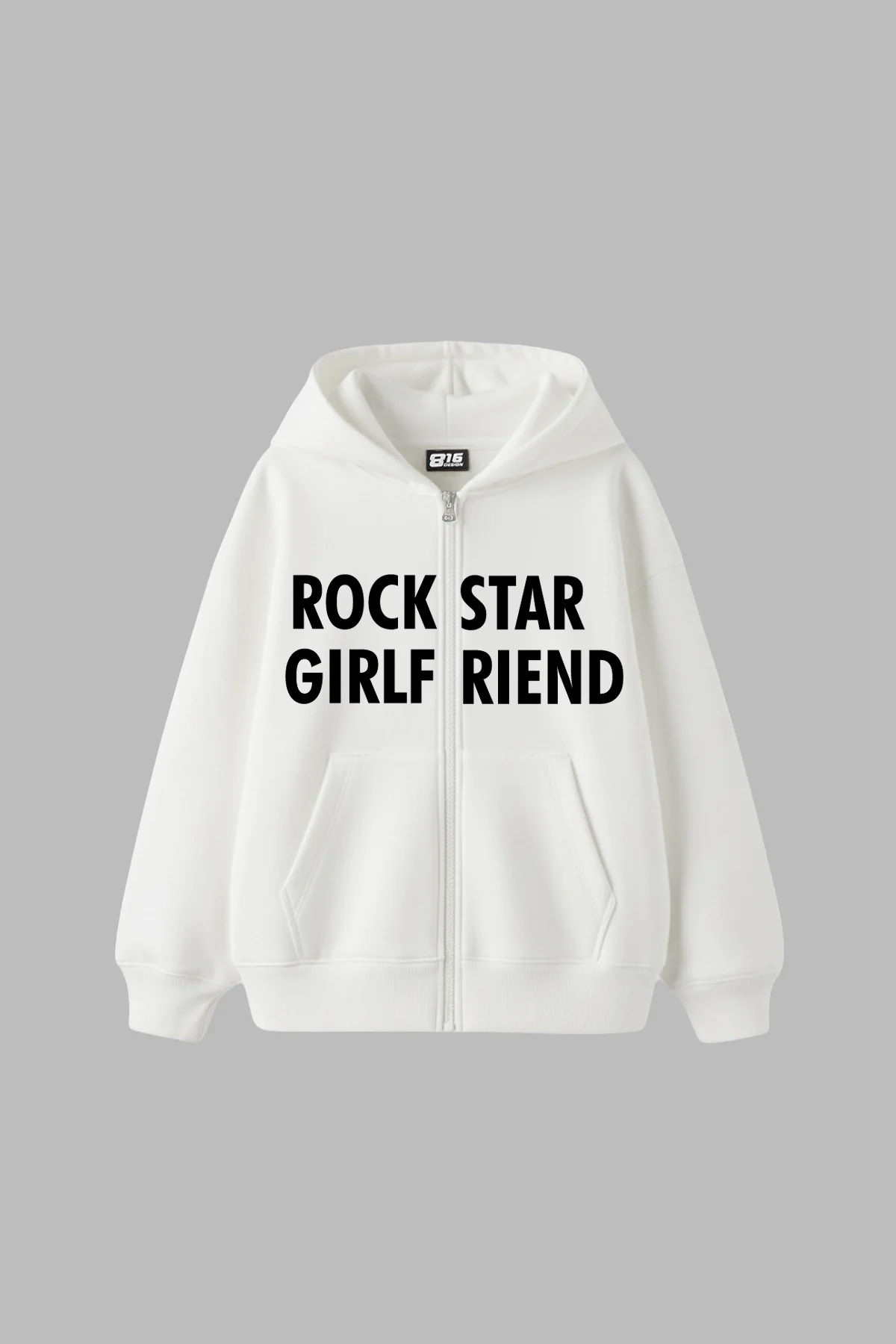 Rockstar Girlfriend Fermuarlı Zip Kapüşonlu Unisex Beyaz Sweatshirt