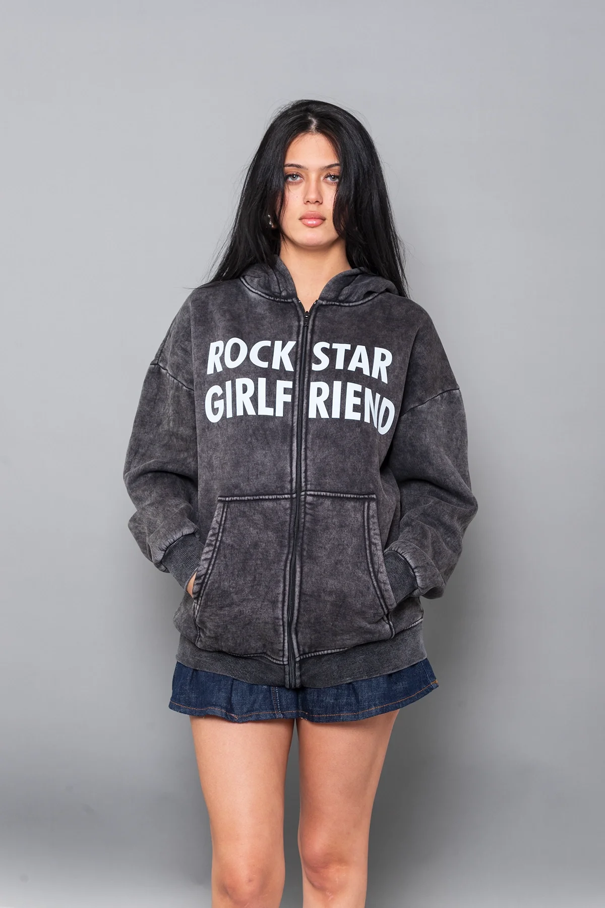 Rockstar Girlfriend Fermuarlı Zip Kapüşonlu Unisex Yıkamalı Siyah Sweatshirt