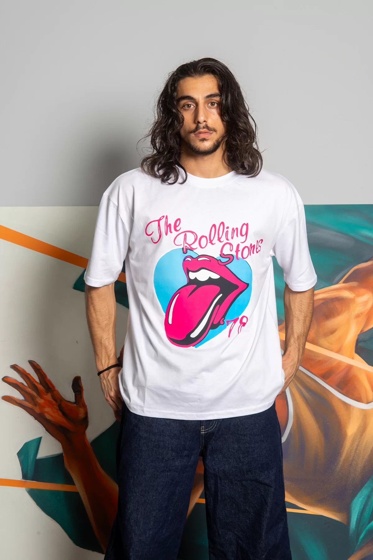 Rolling Stones Baskılı 24/1 Oversize Unisex Beyaz Tshirt