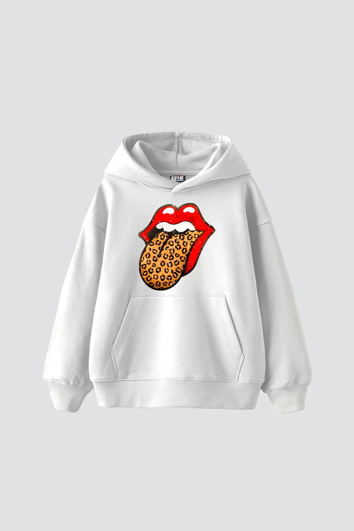 Rolling Stones Leopar Baskılı Oversize Unisex Beyaz Hoodie