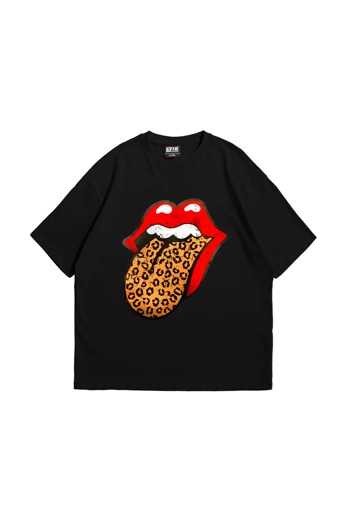 Rolling Stones Leopar Baskılı Oversize Unisex Premium Siyah Tshirt