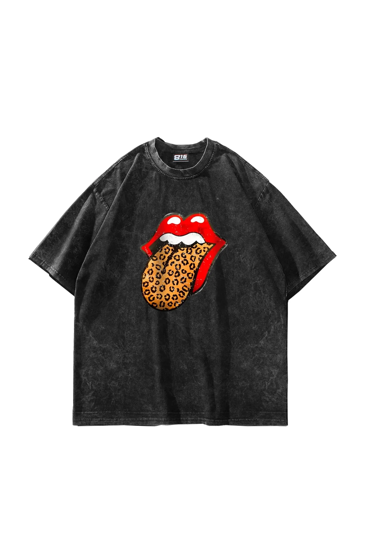 Rolling Stones Leopar Baskılı Oversize Unisex Premium Yıkamalı Siyah Tshirt
