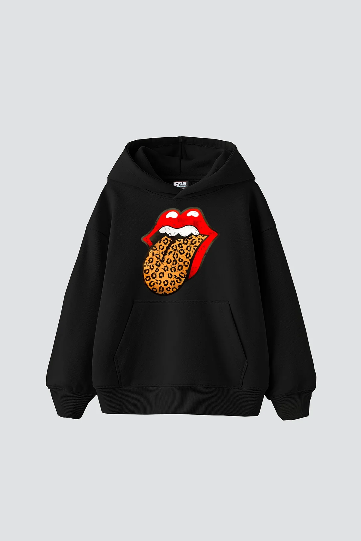 Rolling Stones Leopar Baskılı Oversize Unisex Siyah Hoodie