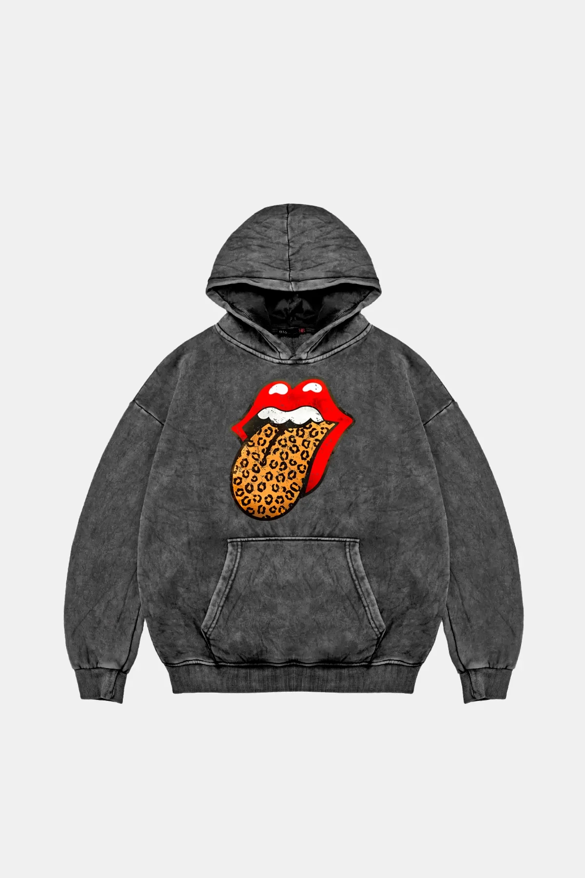 Rolling Stones Leopar Baskılı Oversize Unisex Yıkamalı Siyah Hoodie