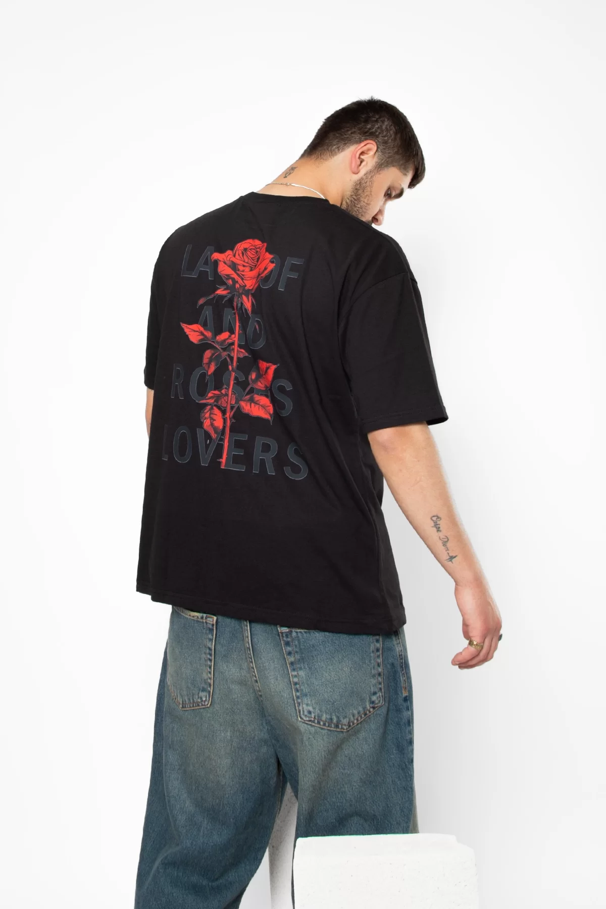 Roses Lovers Baskılı Oversize Unisex Siyah Tshirt