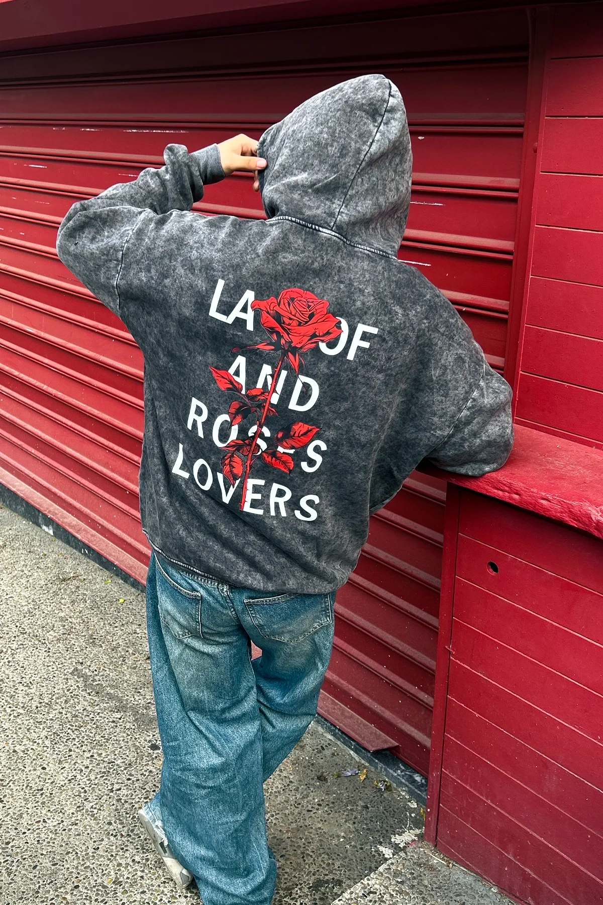 Roses Lovers Baskılı Oversize Unisex Yıkamalı Siyah Hoodie