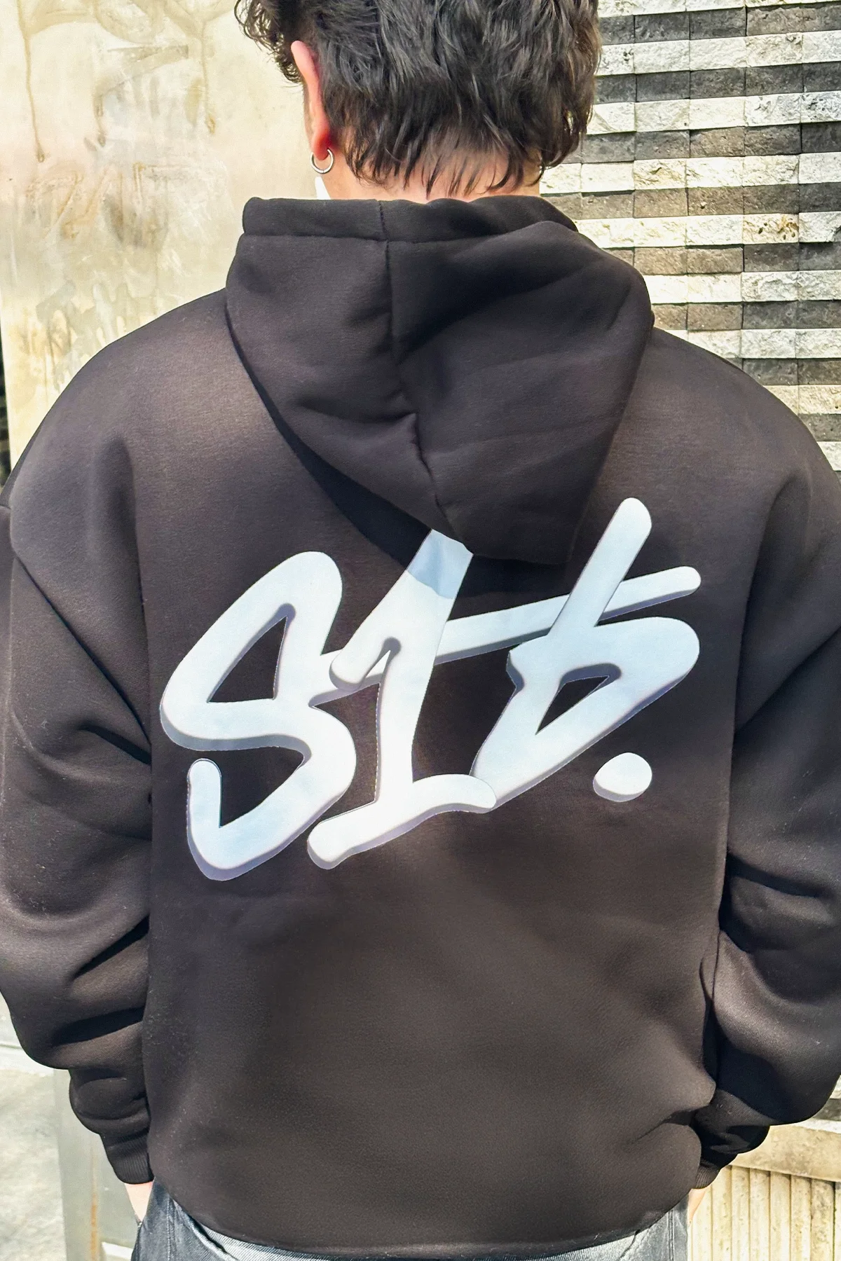S16 Baskılı Oversize Unisex Siyah Hoodie