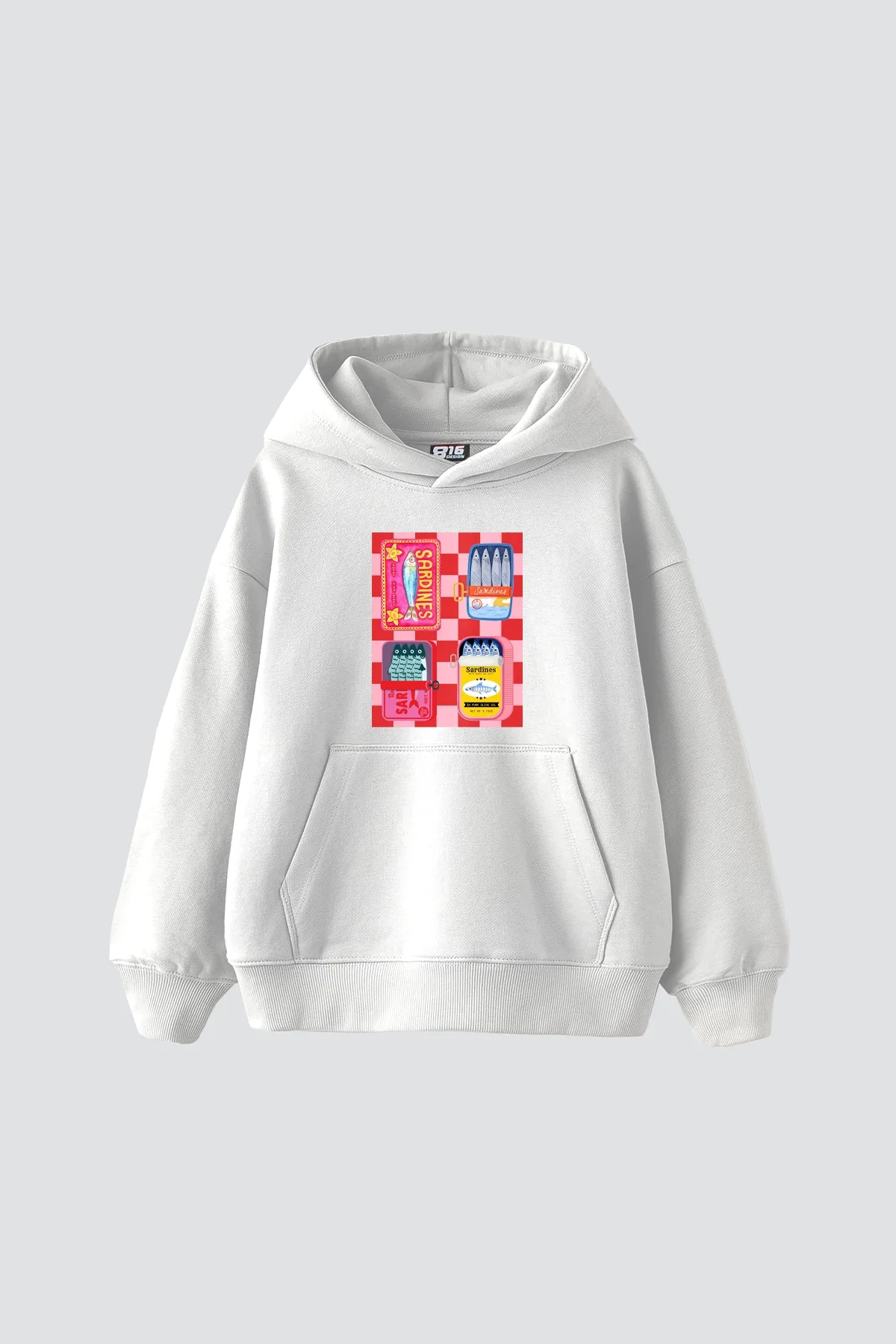 Sardines Baskılı Oversize Unisex Beyaz Hoodie