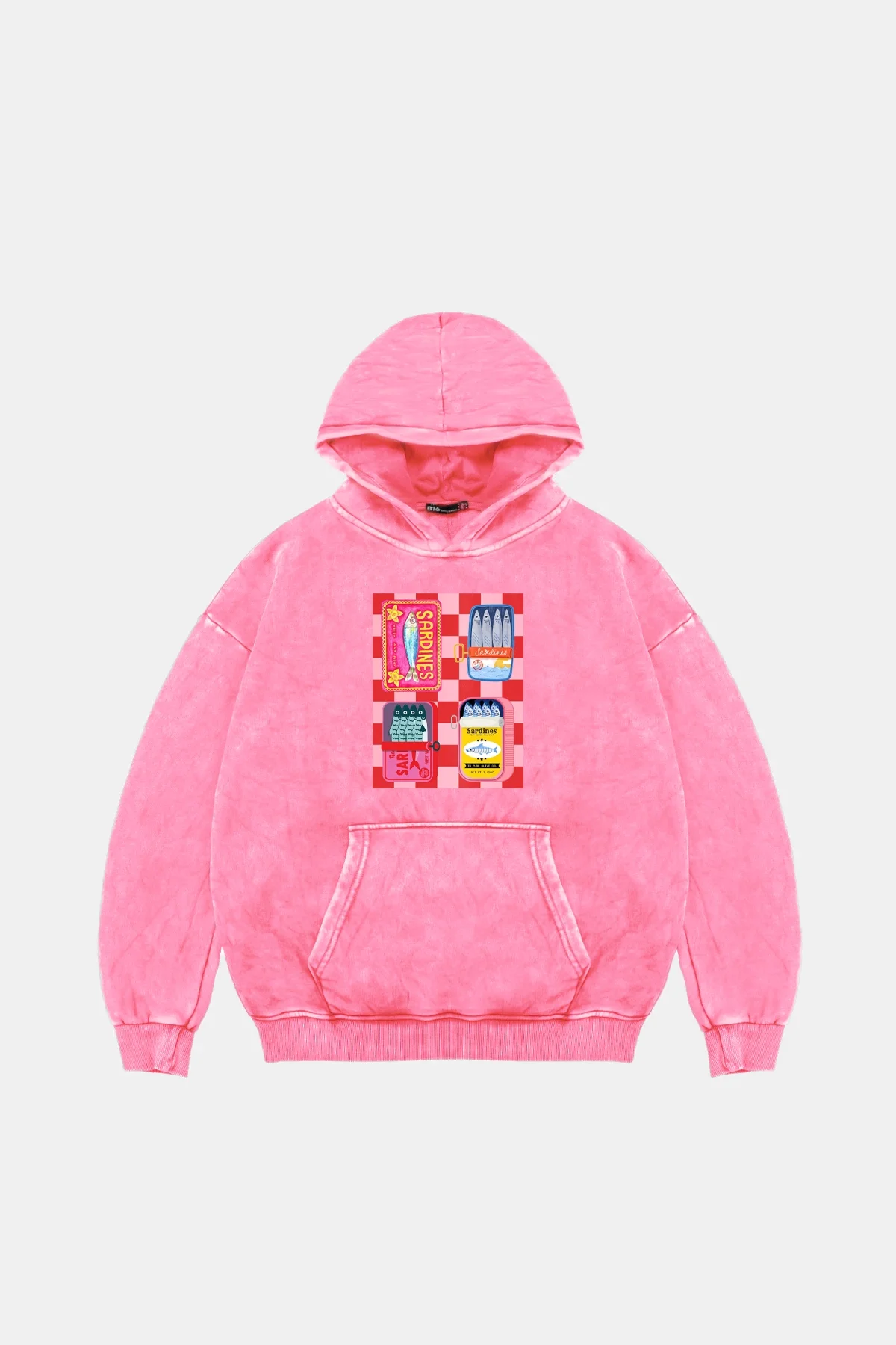 Sardines Baskılı Oversize Unisex Yıkamalı Pembe Hoodie