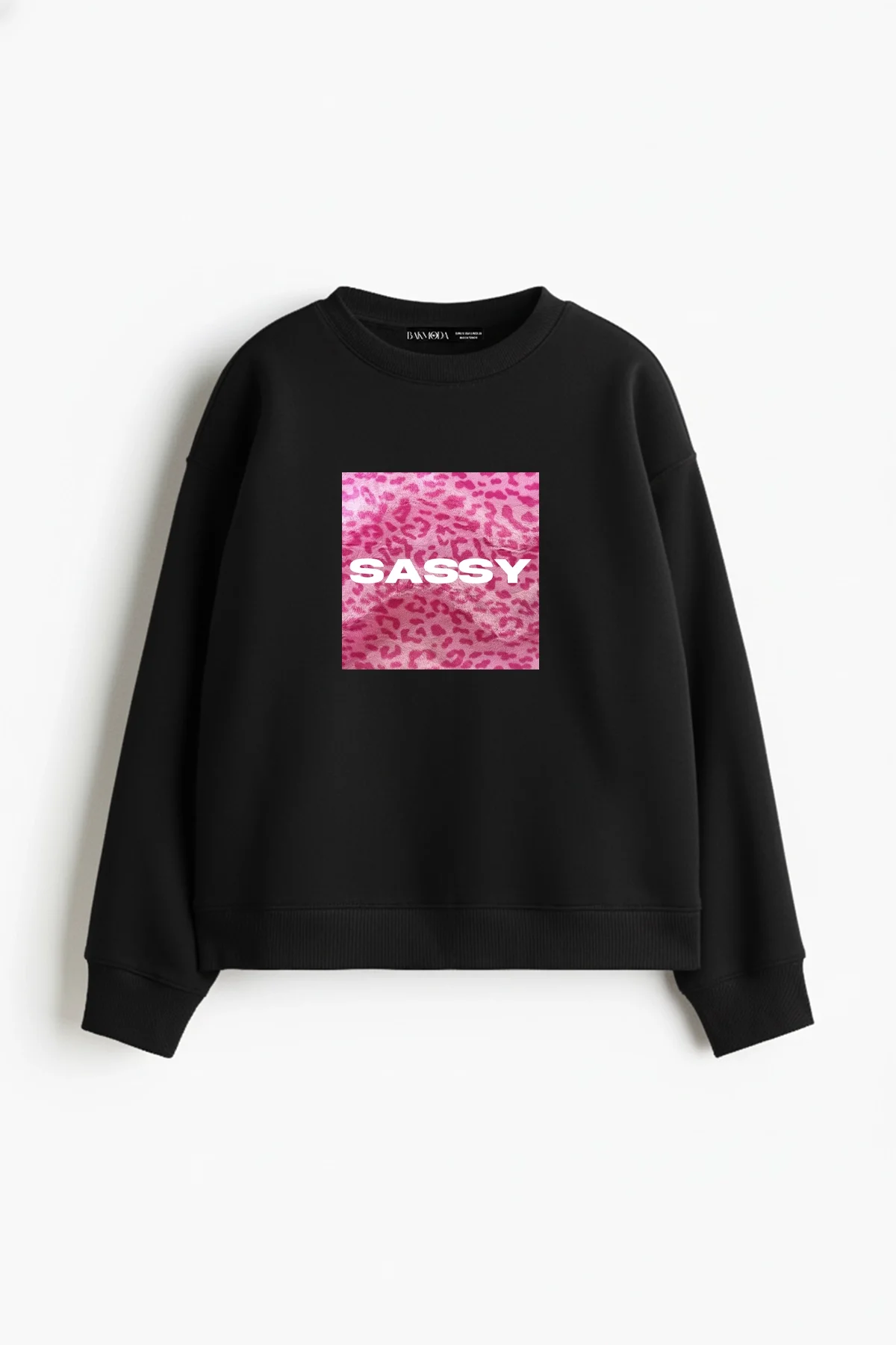 Sassy Baskılı Kapüşonsuz Relaxed Fit Kadın Siyah Sweatshirt