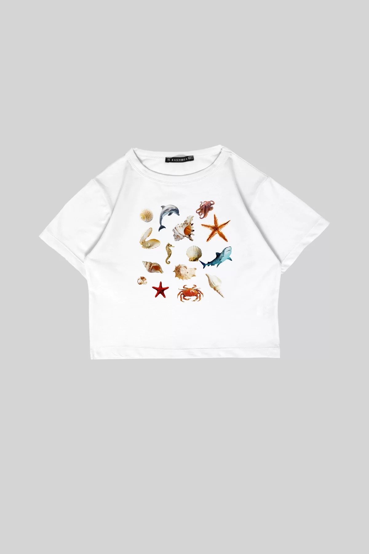 SeaShell Baskılı Beyaz Crop Top