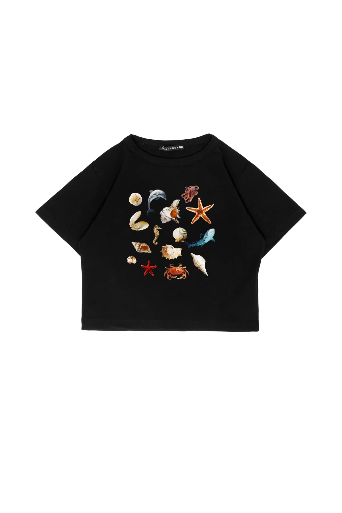 SeaShell Baskılı Siyah Crop Top