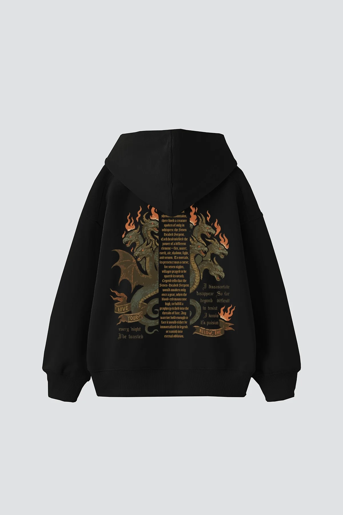Seven-Headed Serpent Baskılı Oversize Unisex Siyah Hoodie