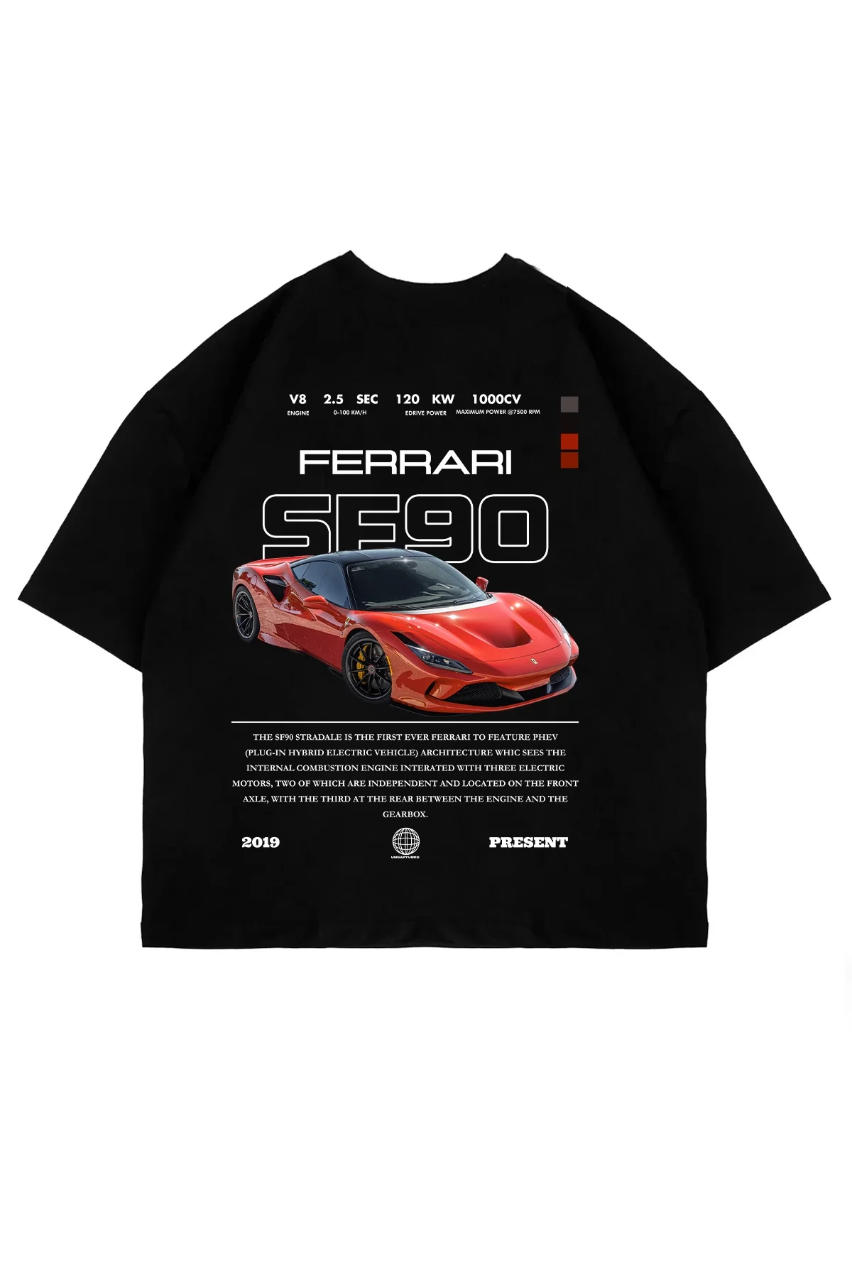 SF90 Baskılı Siyah Oversize Unisex Tshirt