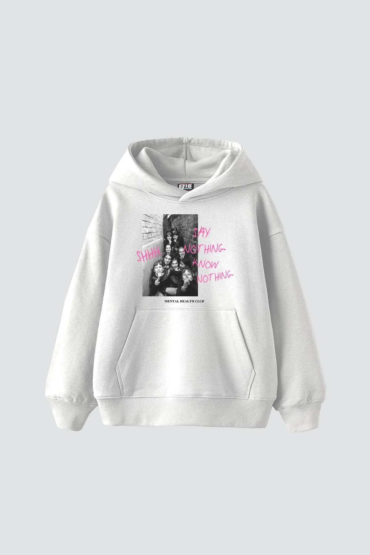 Shh Know Nothing Vintage Baskılı Oversize Unisex Beyaz Hoodie