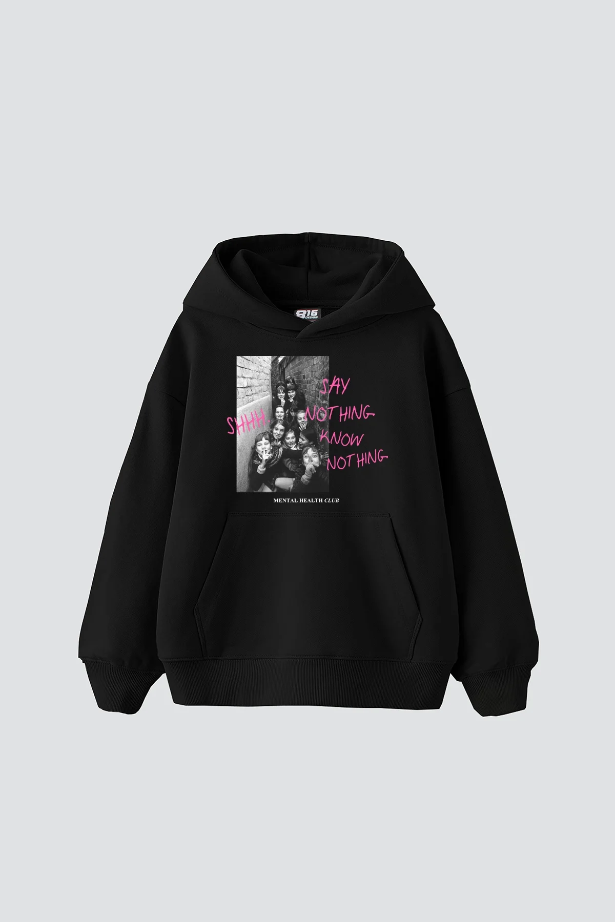 Shh Know Nothing Vintage Baskılı Oversize Unisex Siyah Hoodie
