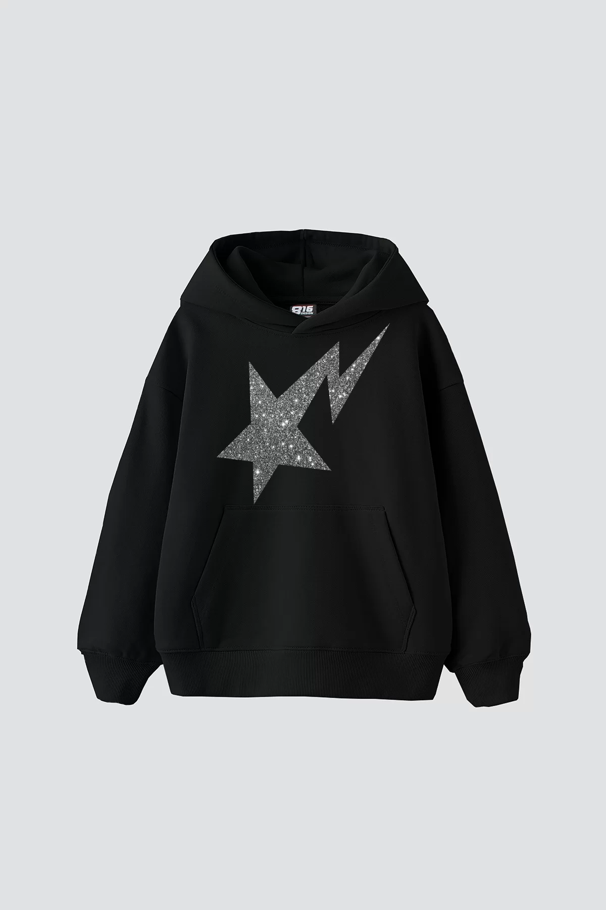 Shining Star Beyaz Baskılı Oversize Unisex Premium Siyah Hoodie