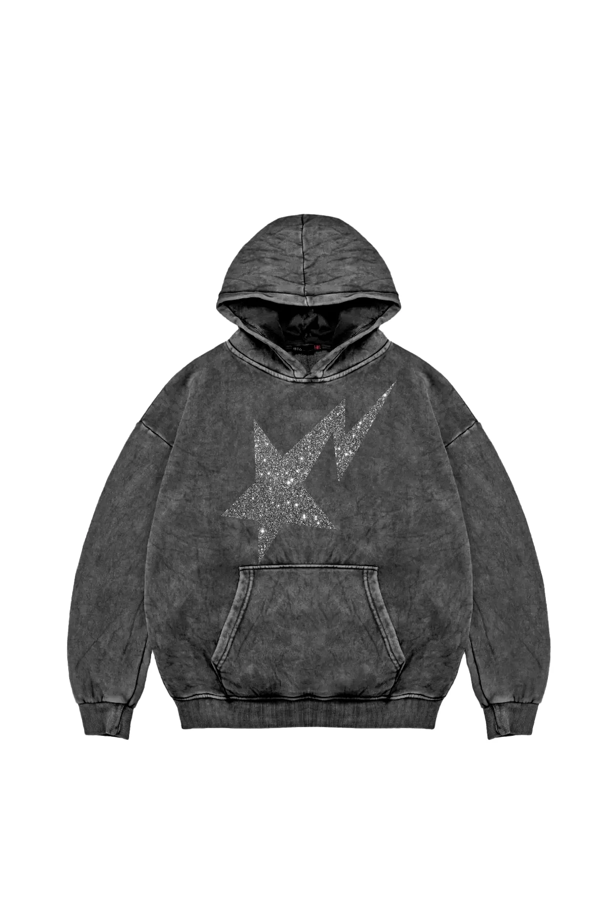 Shining Star Beyaz Baskılı Oversize Unisex Premium Yıkamalı Siyah Hoodie