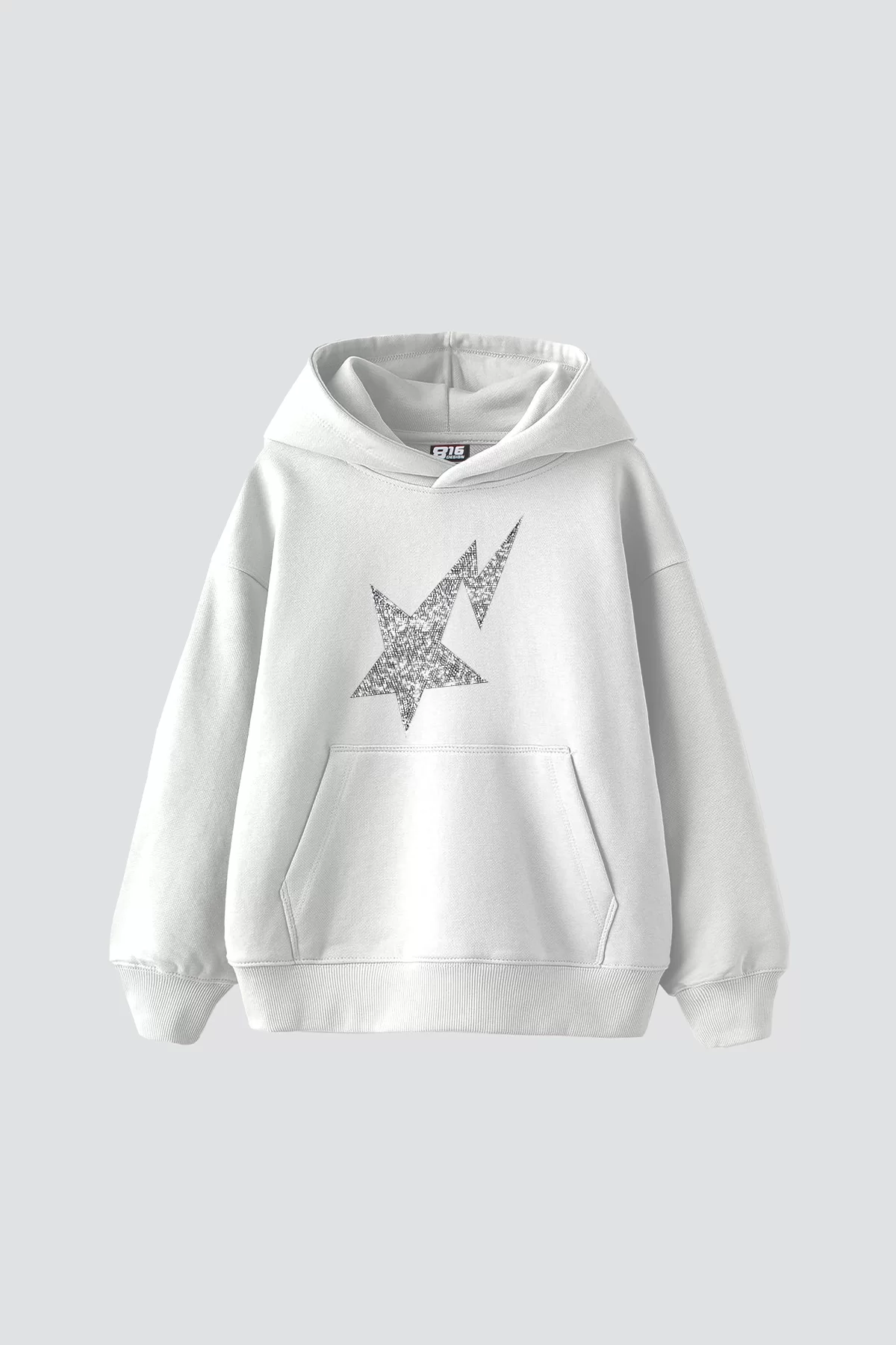 Shining Star Taş Baskılı Oversize Unisex Premium Beyaz Hoodie