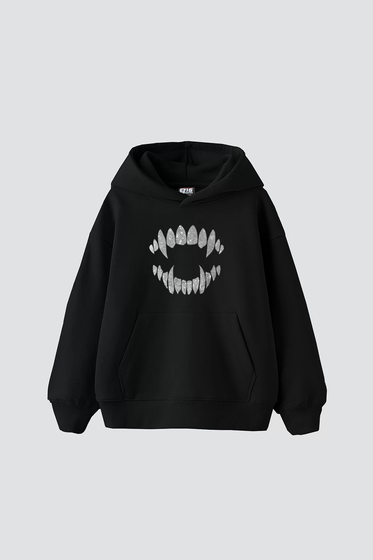 Shining Teeth Baskılı Oversize Unisex Premium Siyah Hoodie