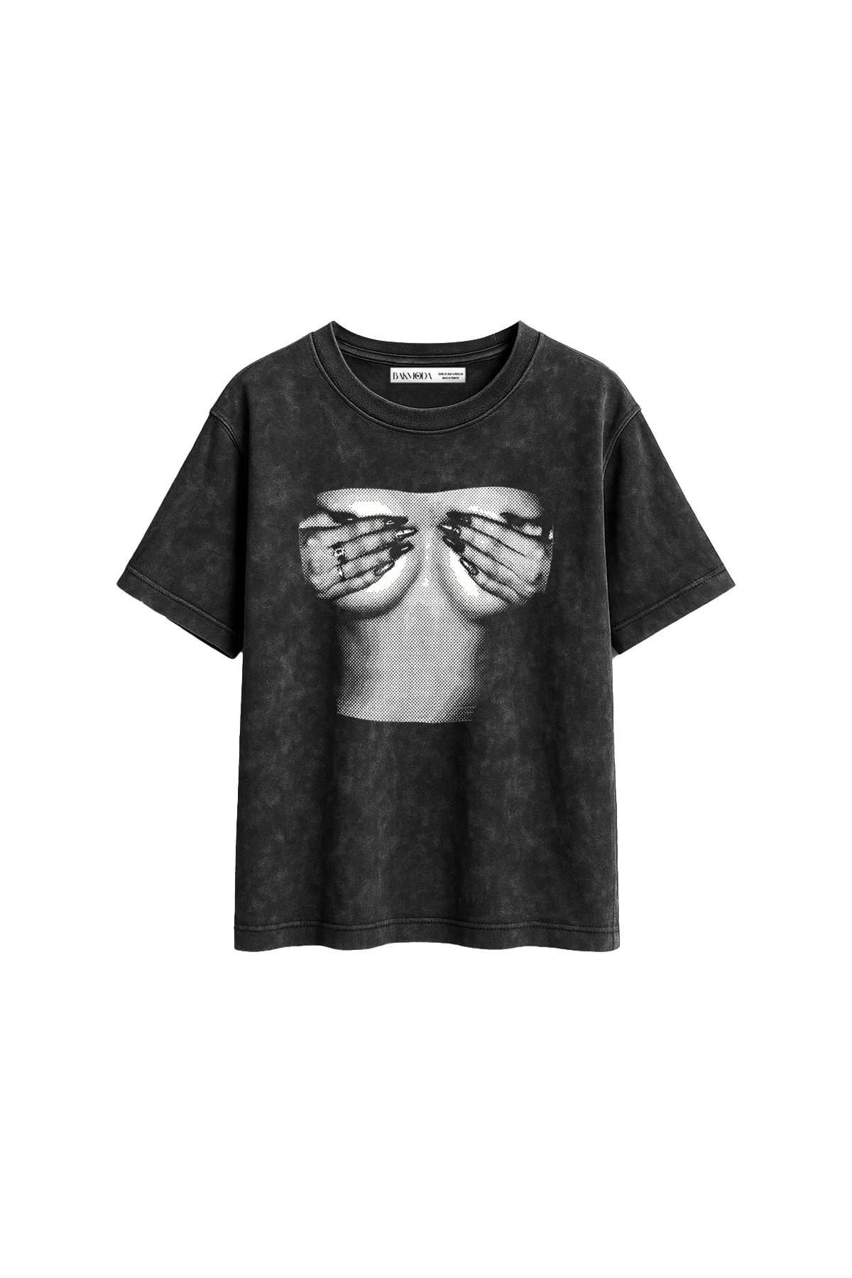 Silhouette Boobs V2 Baskılı Relaxed Fit Yıkamalı Siyah Kadın Tshirt