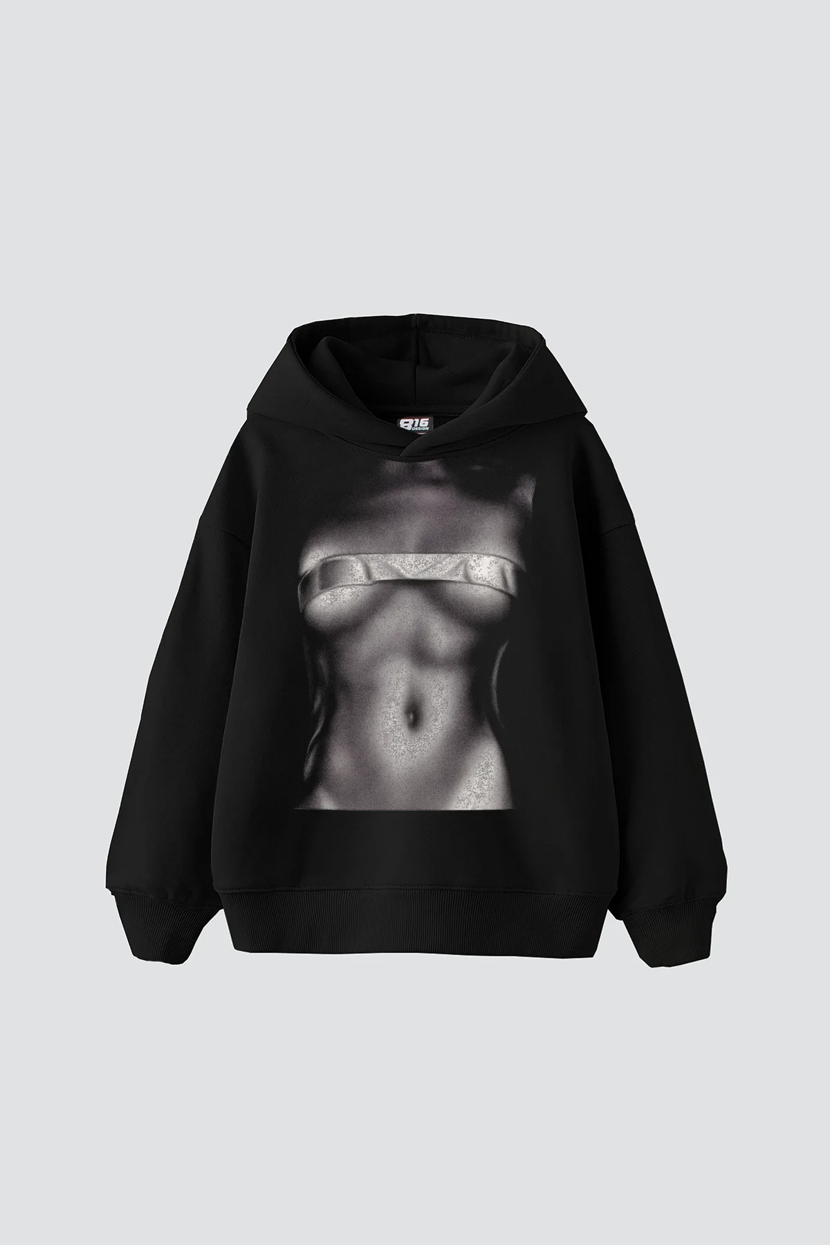 Silhouette Nudes Baskılı Oversize Unisex Cepsiz Siyah Hoodie