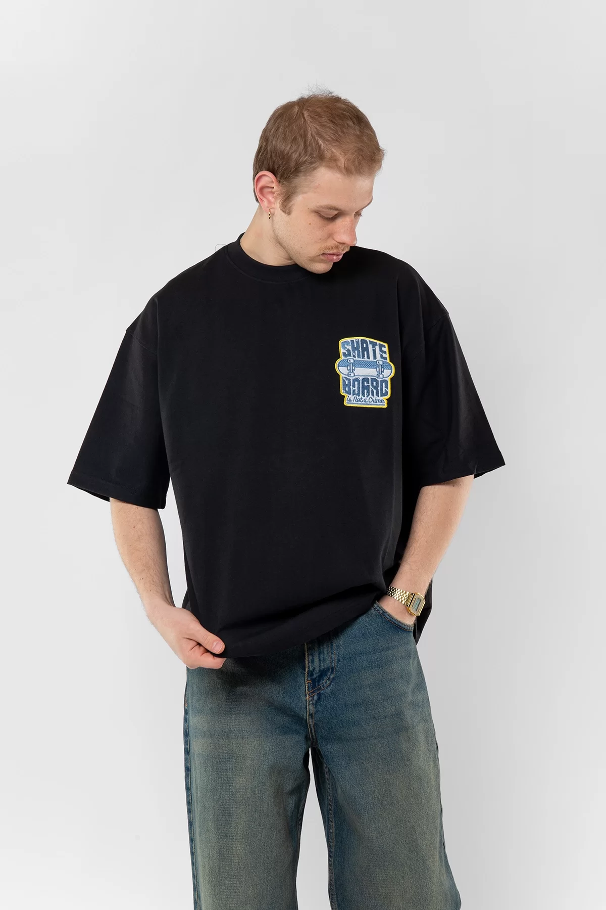 Skate Board Lacivert Nakışlı Siyah Oversize Unisex Tshirt