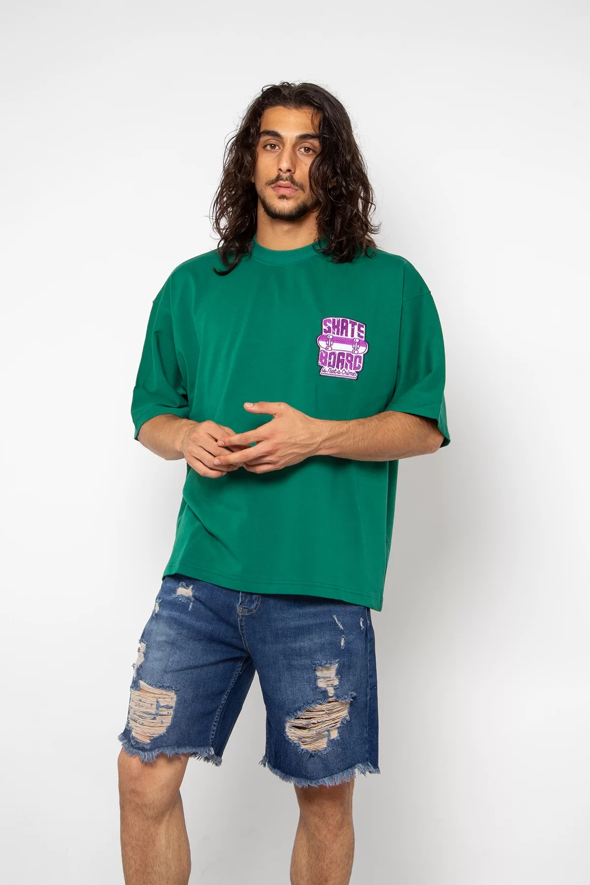 Skate Board Mor Nakışlı Yeşil Oversize Unisex Tshirt