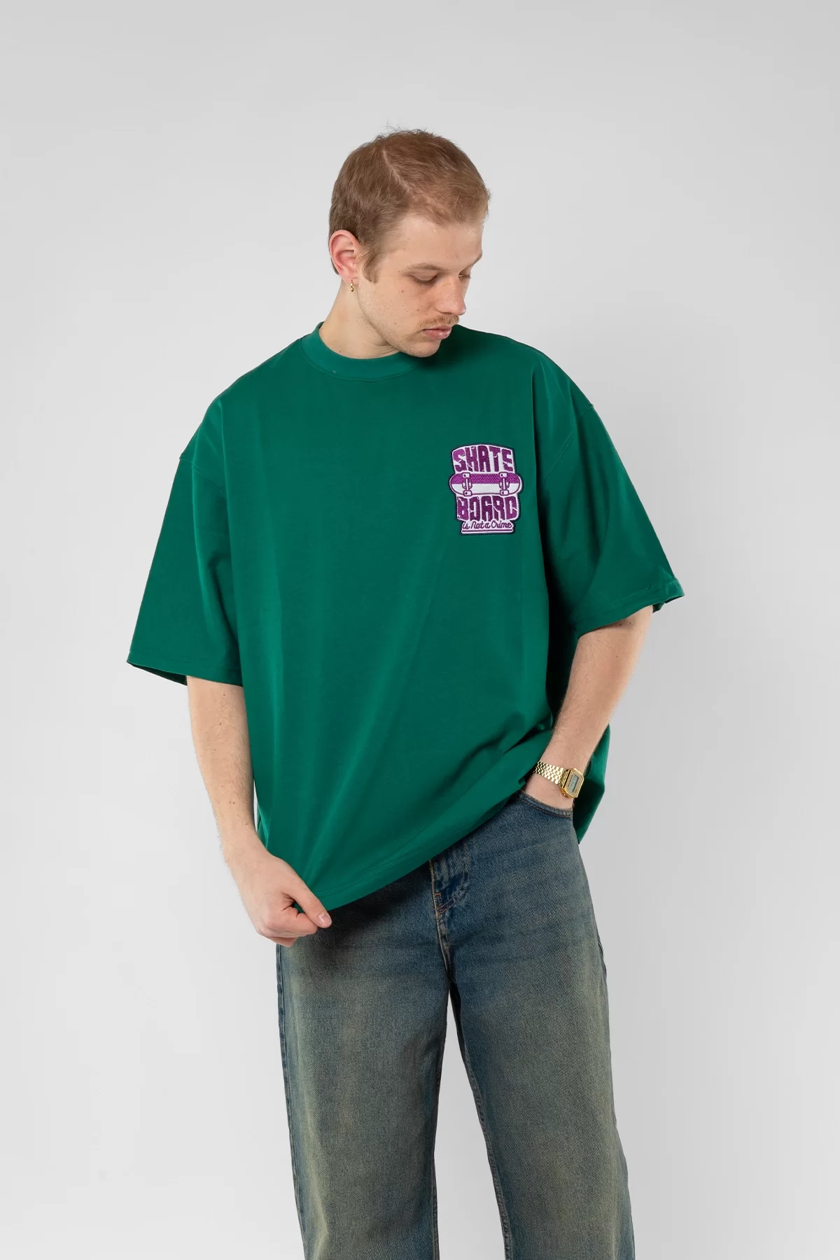 Skate Board Mor Nakışlı Yeşil Oversize Unisex Tshirt