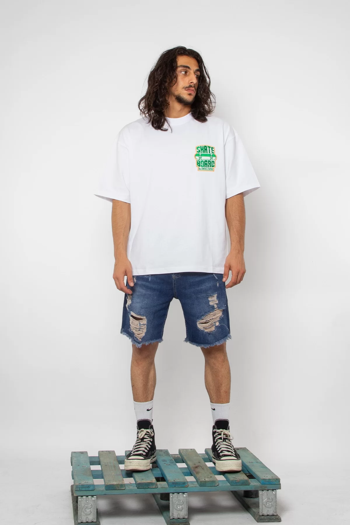 Skate Board Yeşil Nakışlı Beyaz Oversize Unisex Tshirt