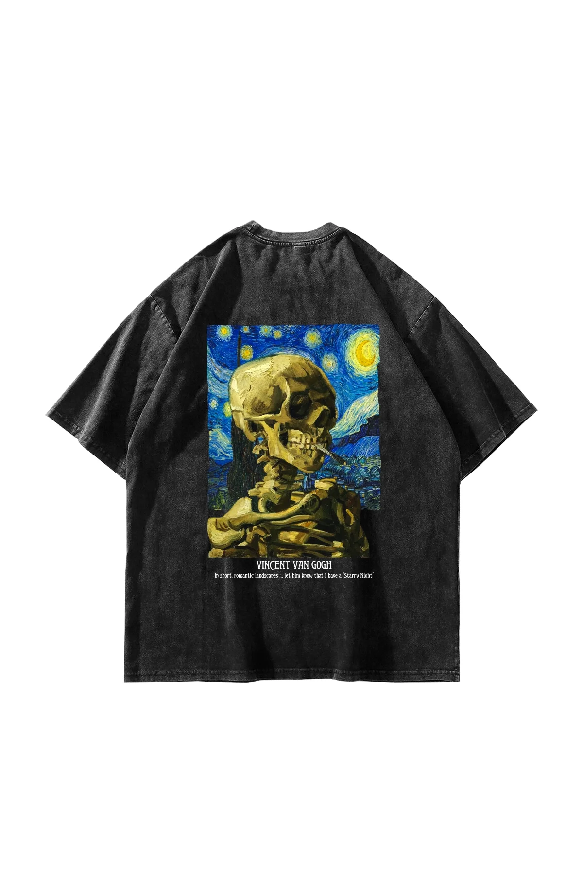 Skull of a Skeleton Baskılı Oversize Unisex Yıkamalı Siyah Tshirt