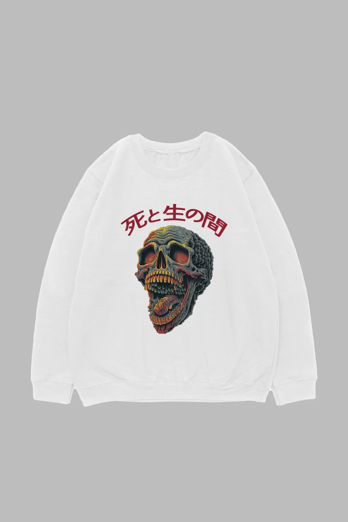 Skull Scream Baskılı Beyaz Oversize Unisex Sweatshirt